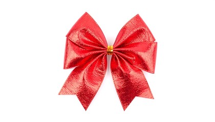 A vibrant red ribbon bow with a golden center sits elegantly against a plain white background.