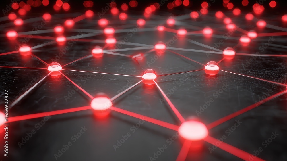 Aufkleber abstract digital network connection background with glowing red nodes and lines on dark surface