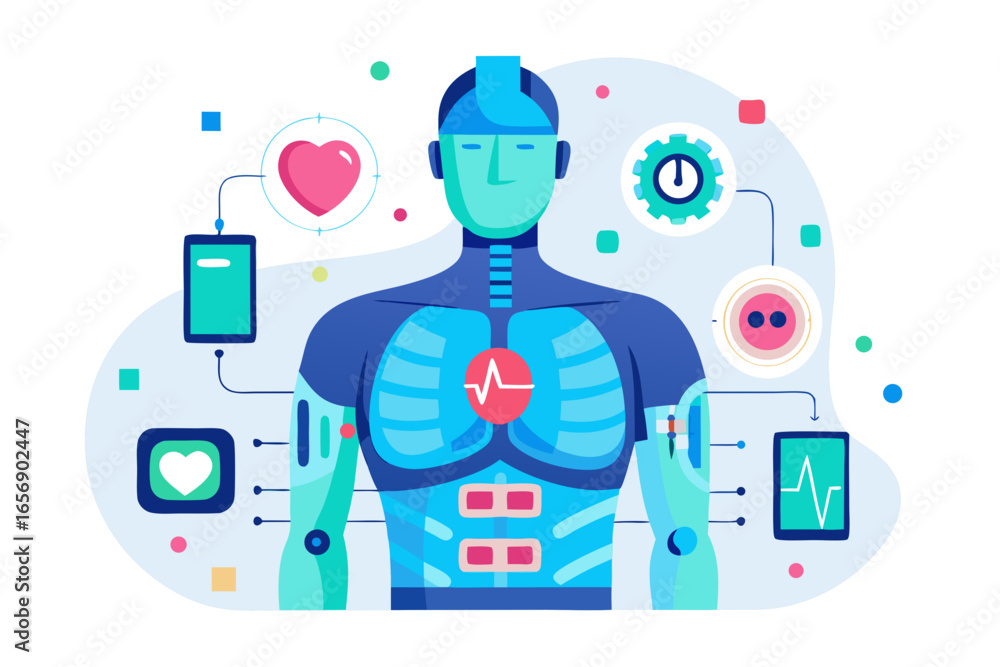 Poster dynamic human anatomy visualization powered by advanced health technology and data monitoring, showc