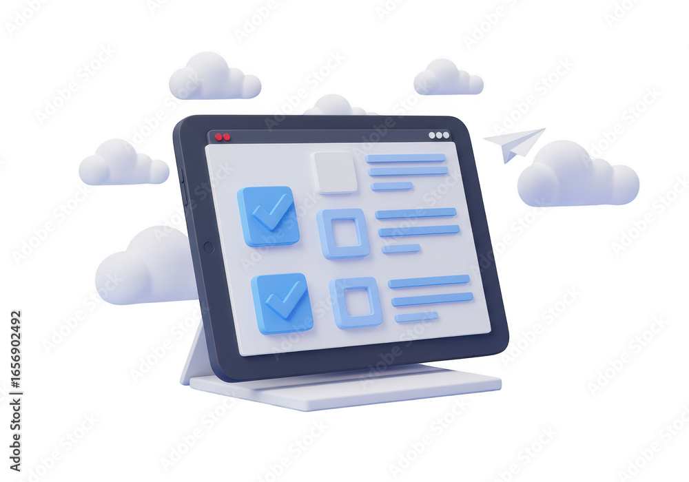 Poster 3d render of a tablet displaying a checklist with completed tasks, isolated on transparent backgroun