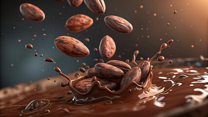 Cocoa beans splashing into rich molten chocolate