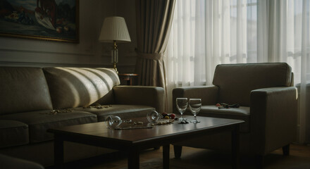 Cinematic wide shot of a luxurious empty living room the morning after a grand party, sunlight streams through curtains, revealing empty glasses and disarray, a single forgotten necklace on the sofa, 