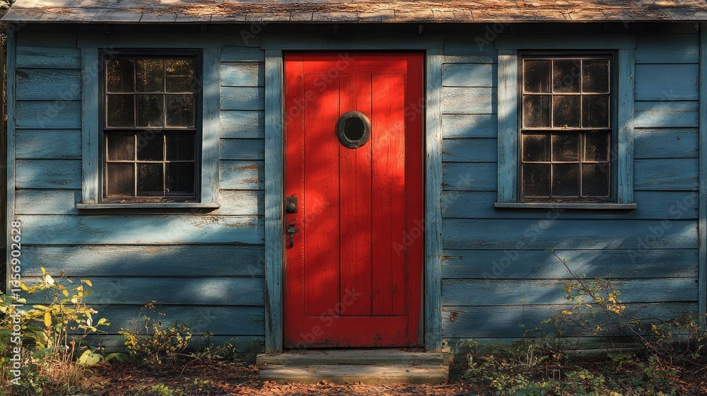 Poster rustic shed with blue siding and a vibrant red door with windows. use this image to convey rustic ch