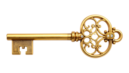 Ornate golden key with intricate filigree design and vintage aesthetic on transparent background