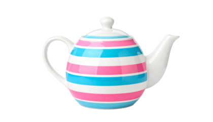 Striped teapot with pink and blue bands isolated on transparent, a whimsical drinkware item