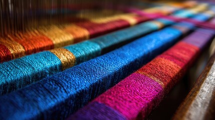 Vibrant Threads in a Traditional Loom Showcasing the Art of Weaving in a Colorful Textile Craft Process
