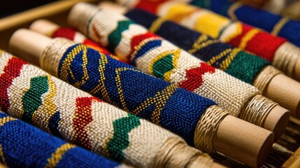 Colorful Handcrafted Beaded Rolls with Intricate Designs on a Wooden Surface for Textiles and Crafts