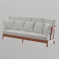 Modern wooden sofa with plush white cushions.