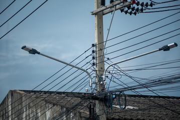 Urban Power Lines and Street Lights View