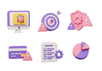 Set of 3d isometric icons representing computer security, finance, and business concepts with warning alerts isolated on transparent background