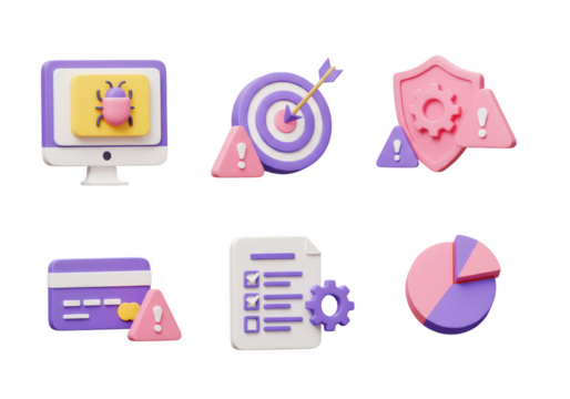 Set of 3d isometric icons representing computer security, finance, and business concepts with warning alerts isolated on transparent background