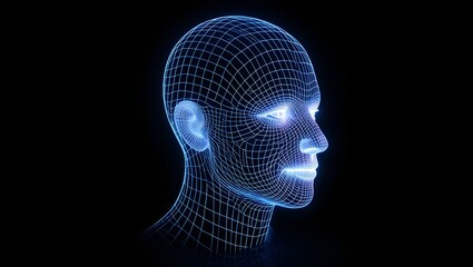 Obraz premium Futuristic Cybernetic Human Head with Glowing Mesh Design Artificial Intelligence and Advanced Technology Illustration