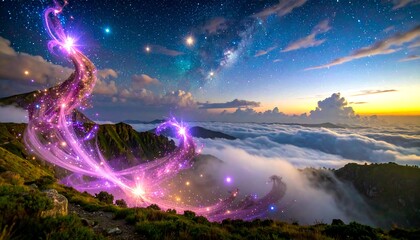 A captivating mountain vista adorned with ethereal, swirling, light trails against a night sky ablaze with stars and clouds.