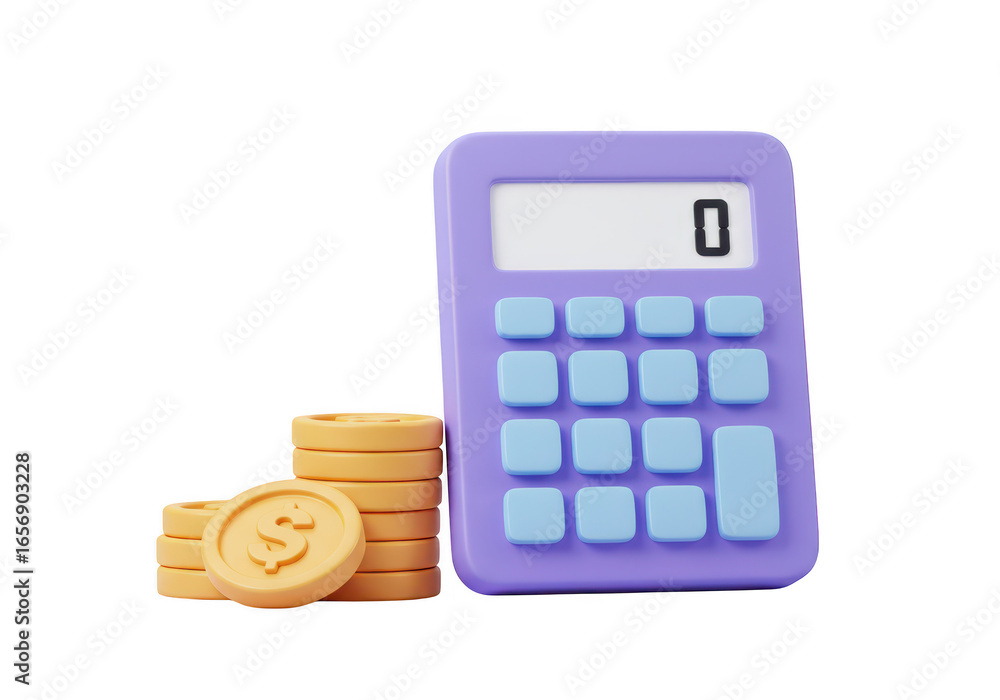 Poster purple calculator with a stack of golden coins with dollar signs, isolated on transparent background
