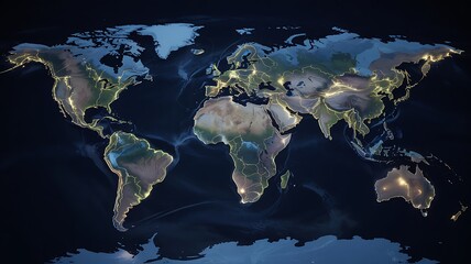 Illuminated world map at night showing brightly lit cities and continents against a dark background