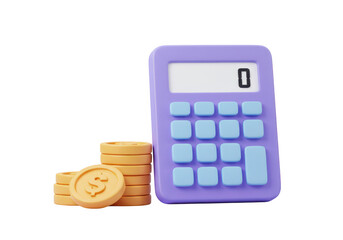 Purple calculator with a stack of golden coins with dollar signs, isolated on transparent background