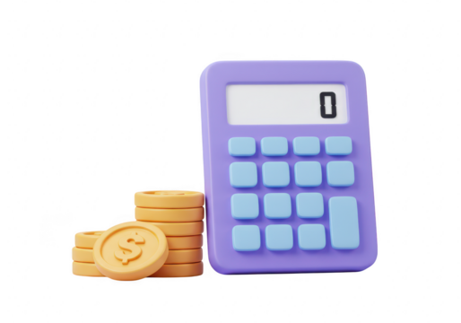 Purple calculator with a stack of golden coins with dollar signs, isolated on transparent background