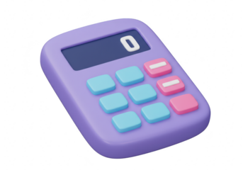 A cute 3d illustration of a purple calculator with blue and pink buttons, displaying the number 0, isolated on transparent background