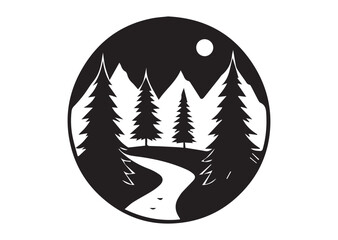 A forest with a river black vector white background
