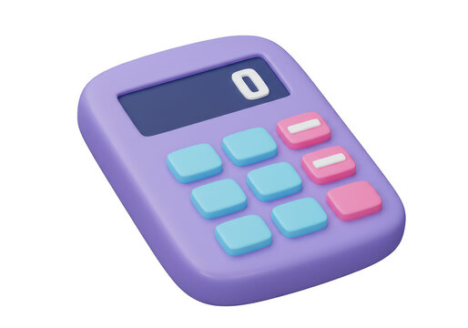 A cute 3d illustration of a purple calculator with blue and pink buttons, displaying the number 0, isolated on transparent background - Powered by Adobe
