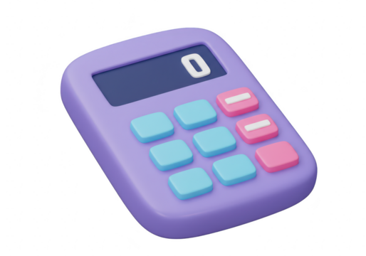 A cute 3d illustration of a purple calculator with blue and pink buttons, displaying the number 0, isolated on transparent background