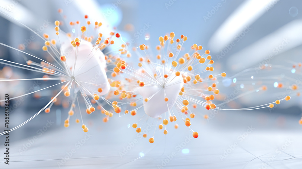 Poster abstract illustration of colorful particles and spheres interacting in a dynamic flow, creating a se