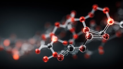 A detailed, 3D illustration of molecular structures, showcasing interconnected atoms in vibrant red and transparent grey.