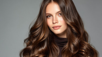Young woman with long, wavy hair poses confidently against neutral background, showcasing her natural beauty and radiant skin. Her expression is serene and inviting, highlighting her features