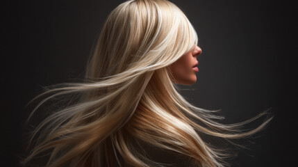 Profile view of woman with long, flowing blonde hair, captured in dramatic lighting setting. hair appears vibrant and dynamic, creating sense of movement and elegance