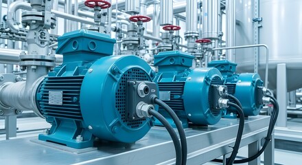 Industrial Electric Motors in Manufacturing Plant | Blue Motors on Metal Platform with Pipes for Engineering and Power Generation