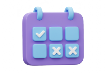 3d calendar with checkmarks and crosses on squares, symbolizing task completion and status tracking isolated on transparent background