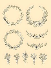 Obraz premium Delicate Botanical Hand-Drawn Sketches – Intricate Line Art of Roses, Daisies, and Wildflowers with Subtle Shading