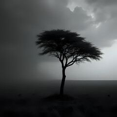 Obraz premium Solitary acacia tree silhouetted against dramatic stormy sky