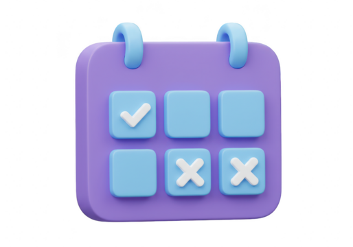 3d calendar with checkmarks and crosses on squares, symbolizing task completion and status tracking isolated on transparent background