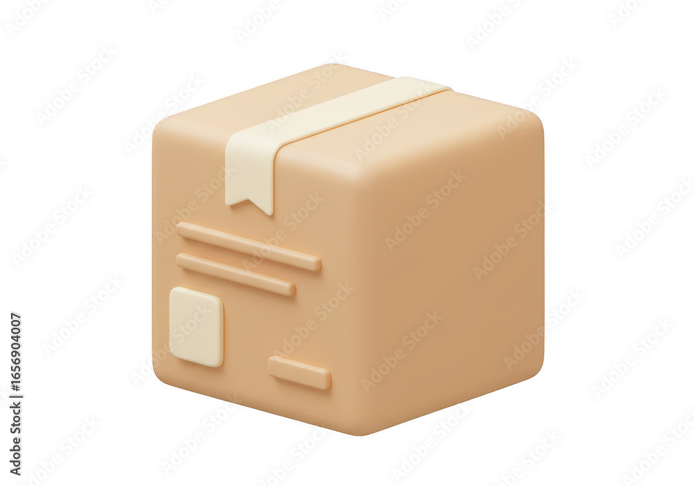 Poster a simple 3d render of a brown cardboard package with a tan tape seal, isolated on transparent backgr