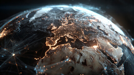 Photorealistic view of Earth at night with a luminous global network connecting cities across Europe