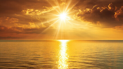 Breathtaking sunset over ocean, with vibrant orange and golden hues reflecting on calm water. sun rays burst through clouds, creating serene and peaceful atmosphere