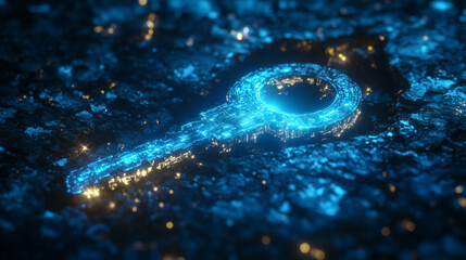 A futuristic encryption key made of glowing blue energy and circuits, lying on a dark, mysterious surface