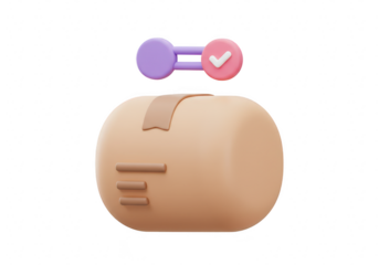 3d cartoon package with a checkmark icon, isolated on transparent background