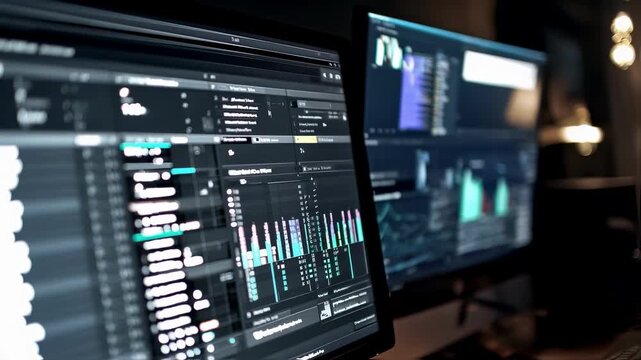 Medium shot of a digital dashboard showing AIdriven script and wardrobe database comparison sharply focused with blurred script pages and studio setup around enhancing drama prepro