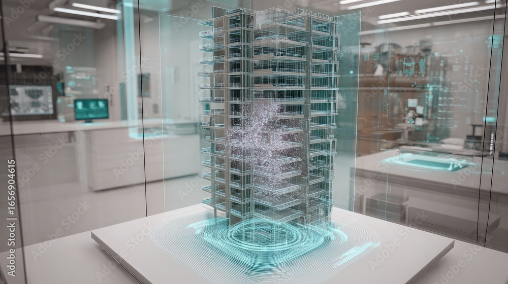 Aufkleber modern architectural visualization of a futuristic building with augmented reality elements in a hig