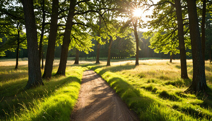 Obraz premium Le soleil filtre à travers les arbres dans un paysage forestier paisible.