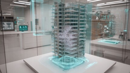 Modern Architectural Visualization of a Futuristic Building with Augmented Reality Elements in a High-Tech Environment