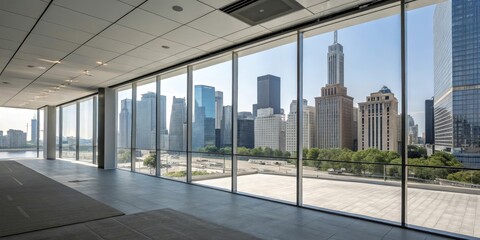 Obraz premium Cityscape View From Modern Office Window, River and Urban Scene