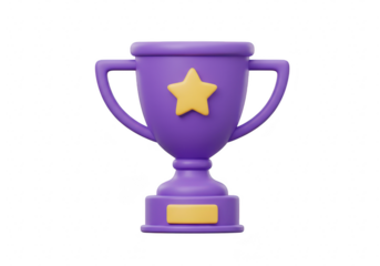 Purple 3d trophy with a yellow star and plaque, isolated on transparent background