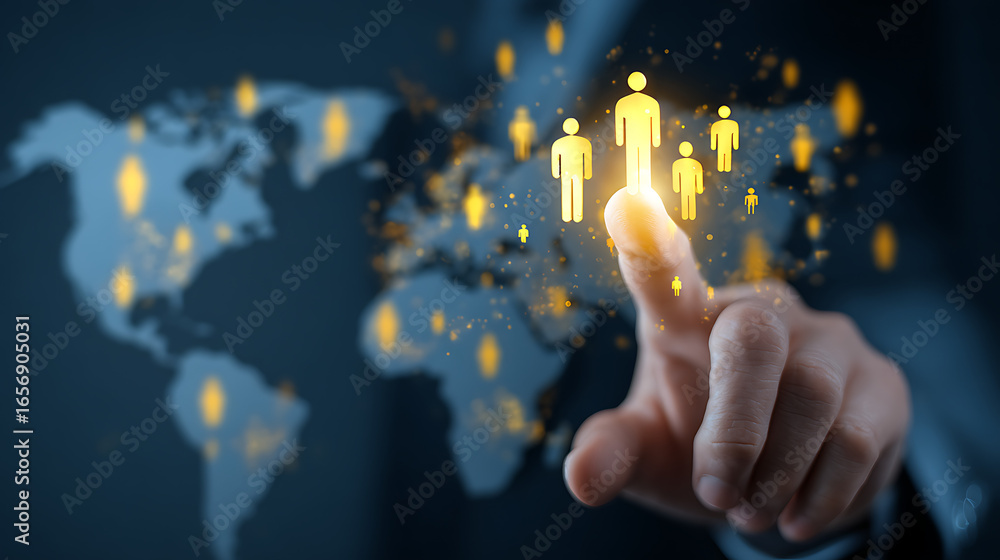 Poster global human network connection digital interface global network human figures