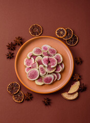 Dried sublimated fig slices as an ingredient for sweet desserts. Dried figs