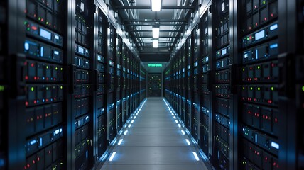 Illuminated aisle of a modern data center filled with rows of glowing server racks and blinking lights creating a futuristic technological atmosphere