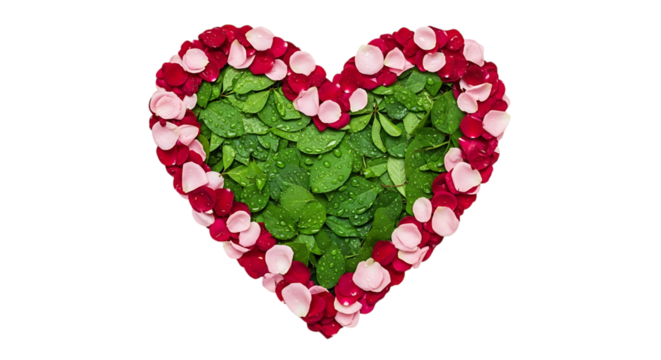 Heart made of rose petals and green leaves isolated on transparent background - Powered by Adobe