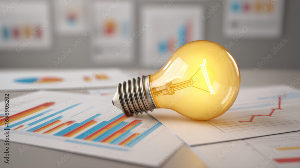 Poster glowing light bulb rests collection of business charts and graphs, symbolizing innovation and creati